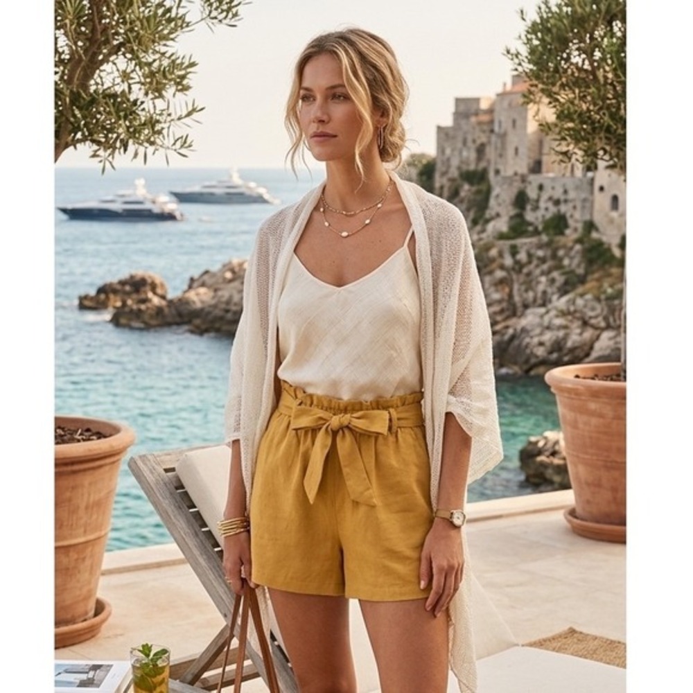 Mustard Yellow Paperbag Waist Tie-Front Shorts L Boho Coastal Casual Euro Summer